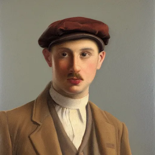 Prompt: portrait of a british young man in a flat cap, a small mustache, and a nice brown suit, oil painting