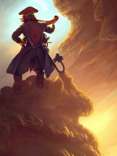 Prompt: captain pirate using a telescope from a high place from behind intricate, elegant, highly detailed, digital painting, artstation, concept art, sharp focus, illustration, by justin gerard and artgerm, 8 k