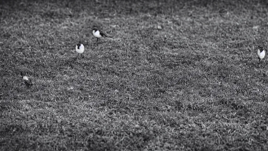 Prompt: a blue monochromatic filtered photo of small birds standing on the ground.