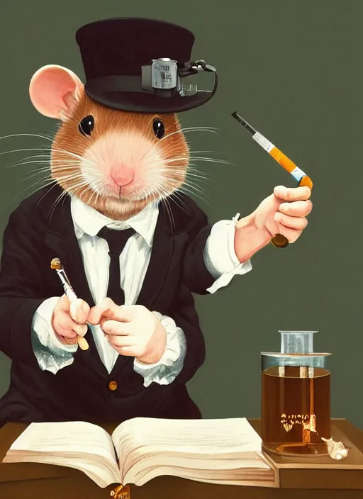 Prompt: oil painting of a cute pet rat dressed as an english professor smoking a pipe, giving a lecture in a university chemistry lab, digital art, artstation, fantasy, cinematic, golden hour fine details by realistic shaded lighting poster by ilya kuvshinov katsuhiro otomo, magali villeneuve, artgerm, jeremy lipkin and michael garmash and rob rey, cartoon