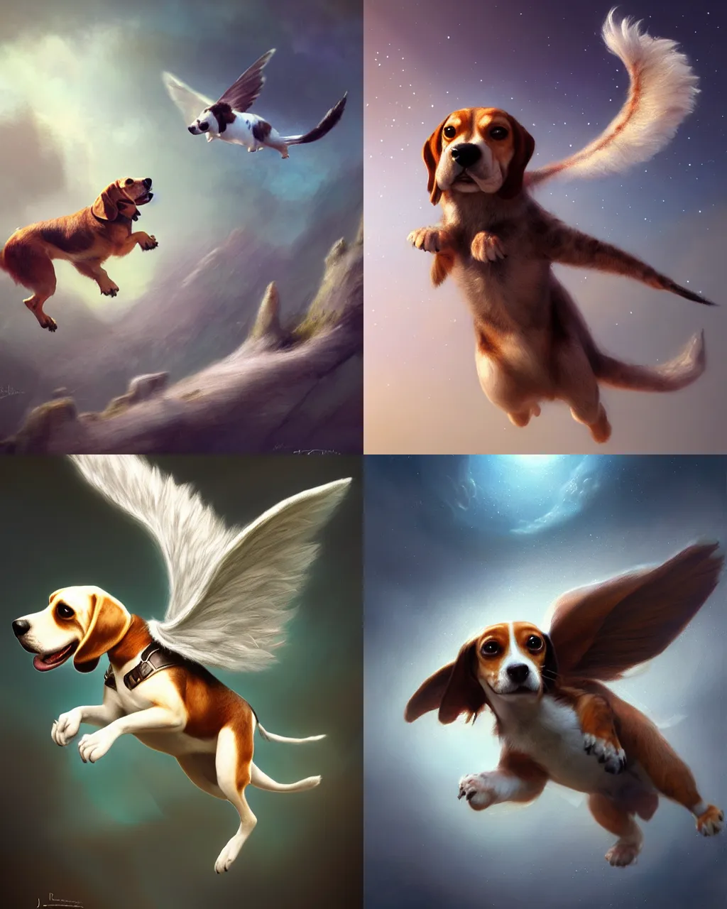 Prompt: cute flying beagle, cinematic, stunning, adorable, highly detailed fur, digital painting, artstation, smooth, hard focus, illustration, art by jessica rossier and and brian froud