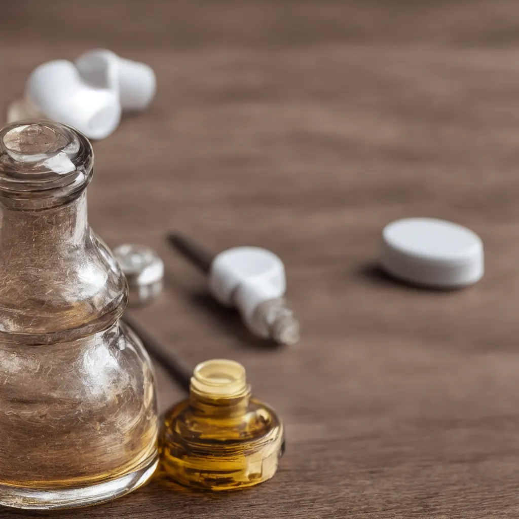 Prompt: 30-degree view of a medicine bottle on top of a wooden table, 8k, high detail, photorealistic, proper shading