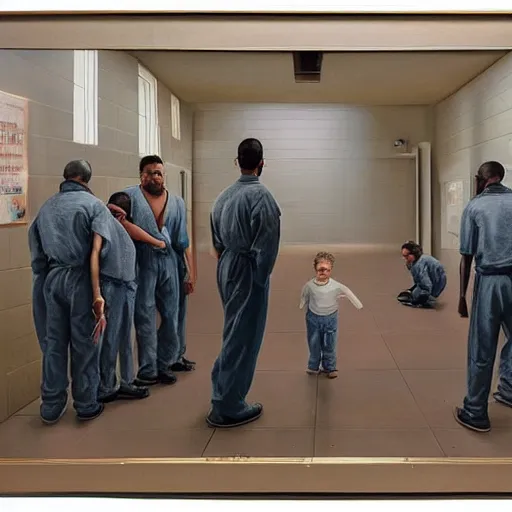 Prompt: hyperrealism painting of prisoners scheming to escape prison while guards are distracted