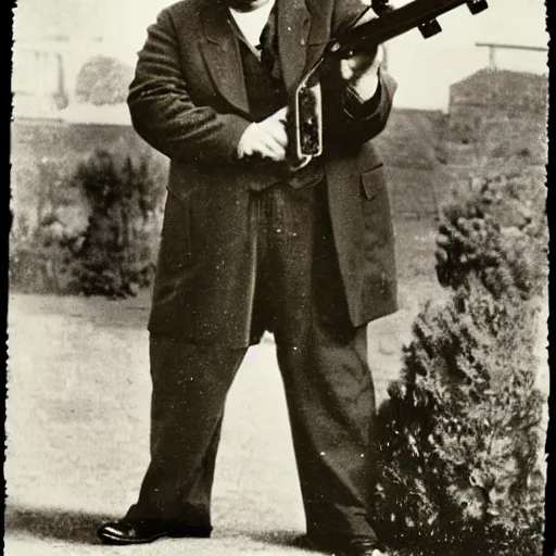 Image similar to gk chesterton with big muscles and a shotgun