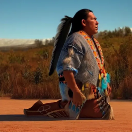 Image similar to native american kneeling down looking at the ground, looks like pixar movie, detailed