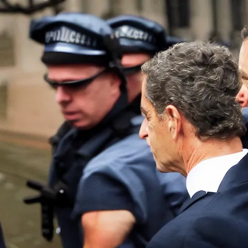 Prompt: fbi director Nicolas Sarkozy getting arrested by police agents, photo 85mm, f/1.3