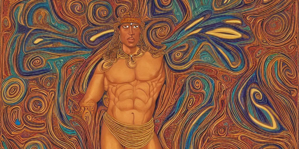 Prompt: an abstract spiritual background, a polynesian greek god dancing, clear eyes. 2 4 mm, photorealistic, muted color scheme, directed by mati klarwein