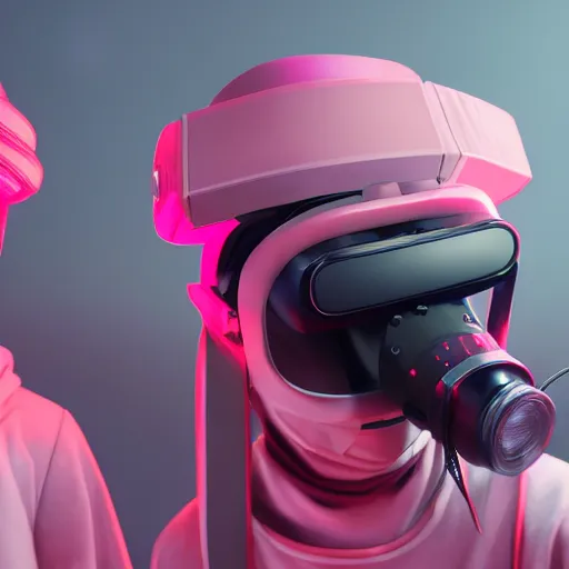 Image similar to intense futuristic bespoke vr headset respirator on a set of twin ninja hypebeasts, by ilya kuvshinov and james jean and sorayama and ikeuchi and hiroya oku and gilleard james, artstation trending, 8 k, 3 d render, photorealistic, volumetric lighting caustics, pink