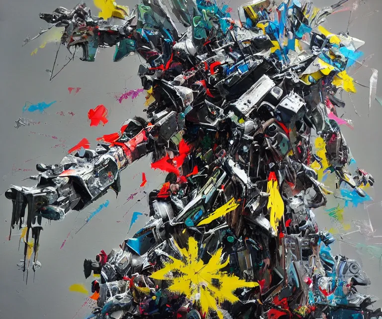 Image similar to acrylic and spraypaint of a giant mechwarriors battling mid - air, explosions, metal shards, graffiti wildstyle, large brush strokes, painting, paint drips, acrylic, clear shapes, spraypaint, smeared flowers, origami crane drawings, large triangular shapes, painting by ashley wood, totem 2, jeremy mann, masterpiece