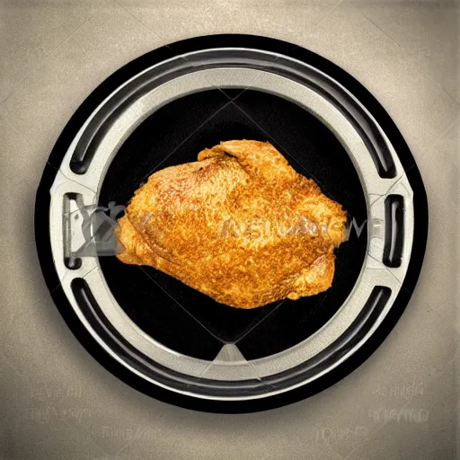 Image similar to chicken fried on a computer cpu chip plate, food, poster, orthographic, octane