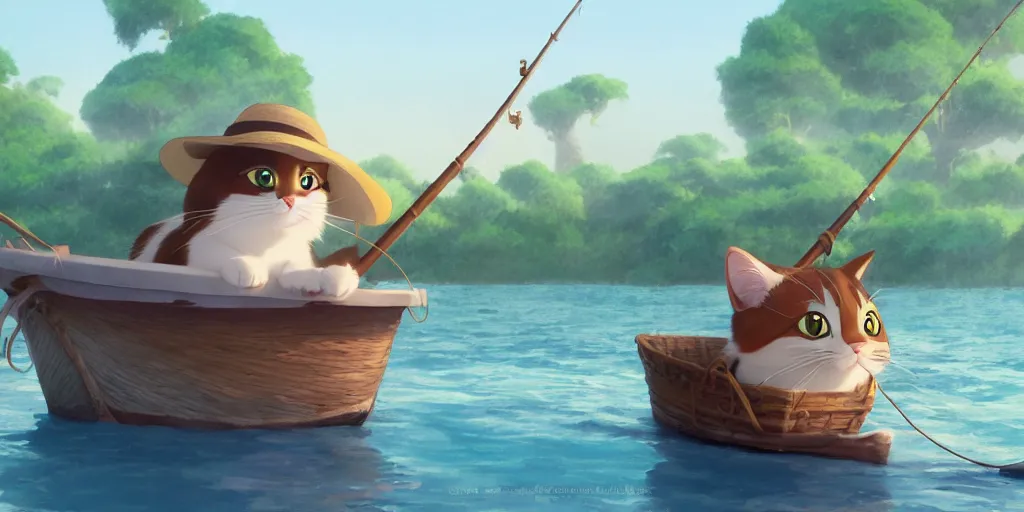 Image similar to a wholesome animation key shot of a cute cat on a fishing boat wearing a sunhat, studio ghibli, pixar and disney animation, sharp, rendered in unreal engine 5, anime key art by greg rutkowski, bloom, dramatic, dynamic lighting