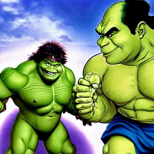 Image similar to shrek fighting the incredible hulk, anime, akira toriyama