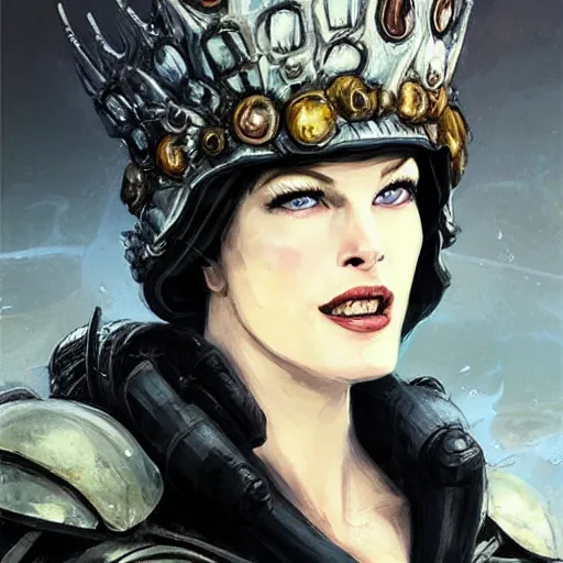 Image similar to mister freeze as an attractive young smiling woman played by milla jovovich wearing a mushroom crown and heavy armoured wedding dress, face portrait, hd shot, digital portrait, elegant, beautiful, fantasy art, artstation, comic style, by artgerm, guy denning, jakub rozalski, magali villeneuve and charlie bowater