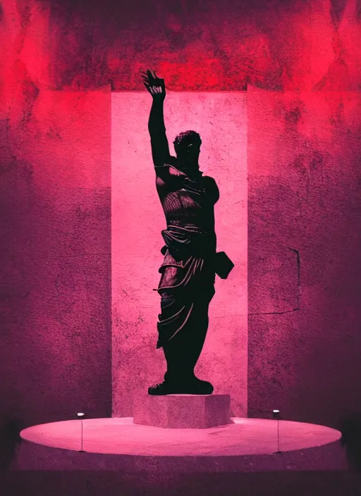 Image similar to black background with subtle red and purple design elements, statue of julius caesar, nekro, abstract art, thin lines, dark, glitch art, neo vaporwave, gritty, layout frame, trending on artstation