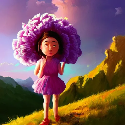 Image similar to giant carnation flower as a head, girl hiking in the mountains, surreal photography, sunrise, dramatic light, impressionist painting, colorful clouds, digital painting, artstation, simon stalenhag