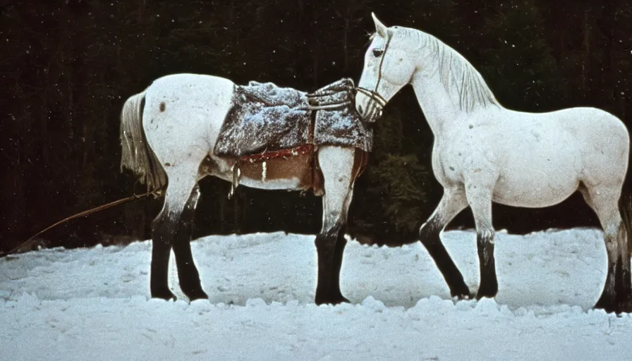 Prompt: 1 9 6 0 s movie still close up of marcus aurelius with his horse frozen to death under the snow by the side of a river with gravel, pine forests, cinestill 8 0 0 t 3 5 mm, high quality, heavy grain, high detail, texture, dramatic light, anamorphic, hyperrealistic, detailed hair, foggy