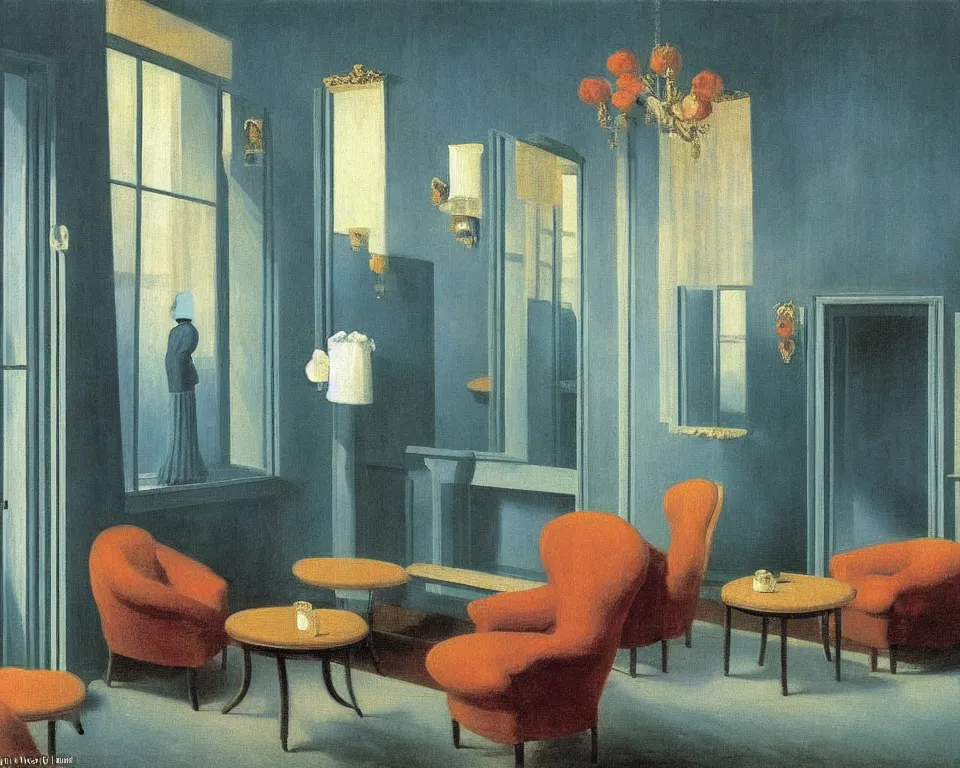 Prompt: achingly beautiful painting of a sophisticated, well - decorated, modern parlor by rene magritte, monet, and turner.