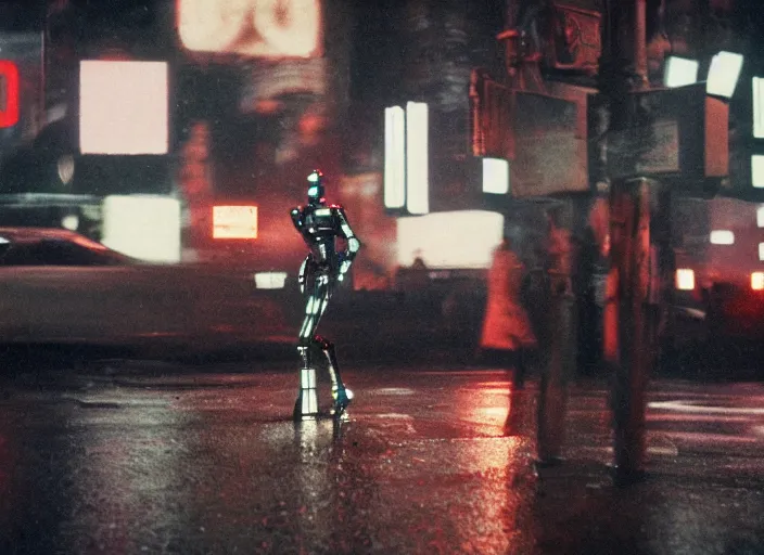 Prompt: a kodachrome photo of a tall huge metallic cyborg droid android with glowing lights, running sprinting on a rainy night in the city in the 1 9 5 0's, dramatic, seen from a distance, canon 5 0 mm, cinematic lighting, film, photography, award - winning, neon, cyberpunk, blade runner