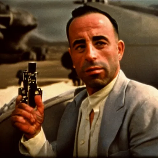 Prompt: film still of joe rogan in Casablanca 1942, cinestill 800t 35mm full-HD