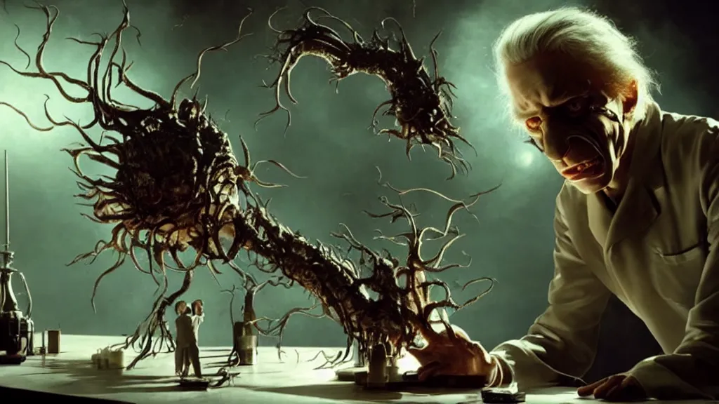 Image similar to a mad scientist creates a creature, film still from the movie directed by denis villeneuve and david cronenberg with art direction by salvador dali and karol bak, wide lens