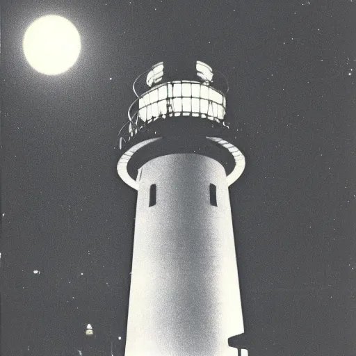 Prompt: 1985 photo of an alien lighthouse at night, surrounded by mosquitoes and evil