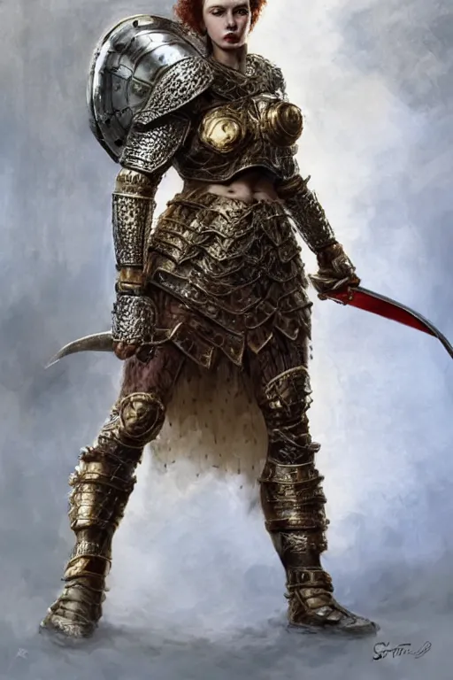 Prompt: full body portrait of a rugged female warrior short length red curly hair and a very highly detailed face wearing elegant obsidian, sliver and gold plate mail armor intricately painted, holding a circular shield and an ancient long sword, very highly detailed, artstation, cgsociety, realistic character concept art, sharp focus, by greg rutkowski, artgerm, and alphonse mucha