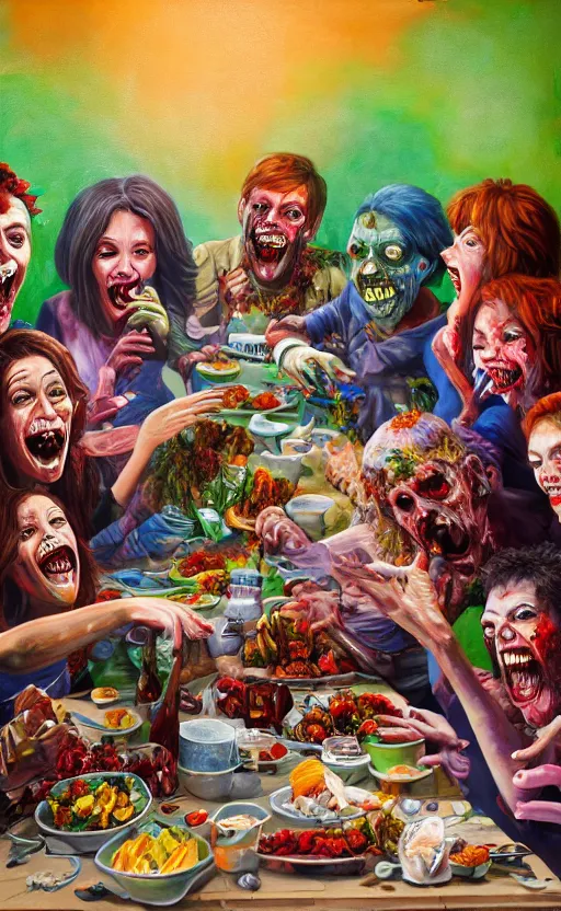 Prompt: beautiful detailed photorealistic painting of a group of friends dressed as zombies sitting down to a holiday dinner, laughing and talking. the friends are happy and having fun. vibrant, high quality, vibrant colors, very funny, beautiful, hq. hd. 4 k. award winning. trending on artstation