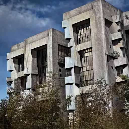 Prompt: scifi brutalist castle with brutalist decoration, brutalist gardens surrouding it, photography