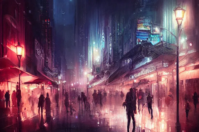Image similar to a beautiful paiting of Night Life of downtown street by Ross Tran, dark ambient, beautiful, UHD, hyperrealism, Surreal and Fantasy Art, absurdist