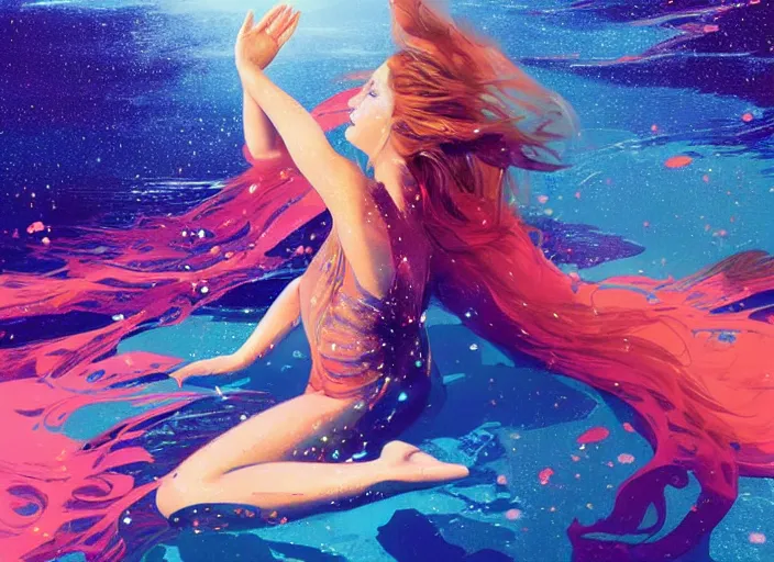 Prompt: a dancer floating underwater, with flowing hair, wearing a flowing sundress, swimming through a colorful starry galaxy, fantasy, cinematic, fine details by realistic shaded lighting poster by ilya kuvshinov katsuhiro otomo, magali villeneuve, artgerm, jeremy lipkin and michael garmash and rob rey