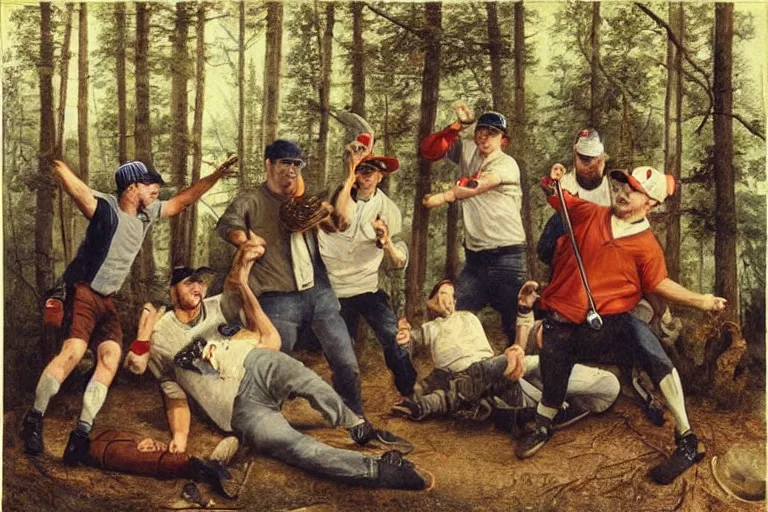 Image similar to mid - thirties guys in baseball caps binge drinking in a forest, in the style of skovgaard