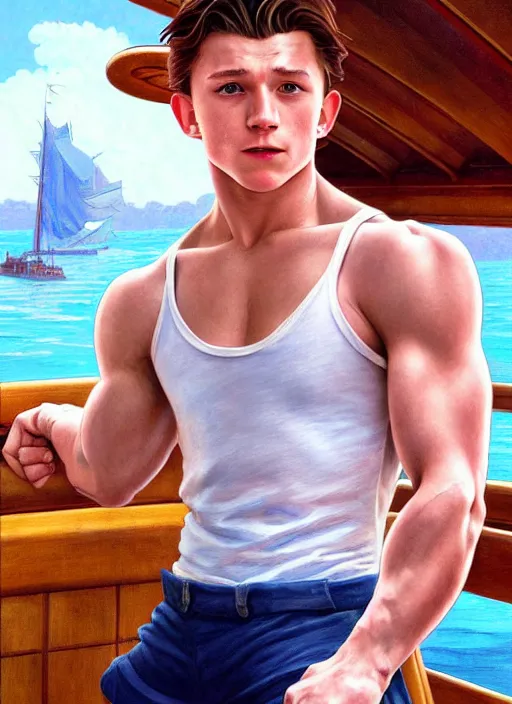 Image similar to muscular cute tom holland wearing white sailor outfit on a steam boat, natural lighting, path traced, highly detailed, high quality, digital painting, by don bluth and ross tran and studio ghibli and alphonse mucha, artgerm