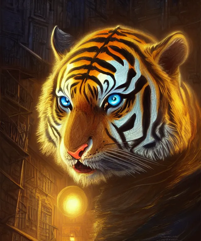 Image similar to anthropomorphic Tiger female, indian origin, fantasy, bright blue eyes, face, black and yellow hair, fantasy, LSD Dream Emulator, intricate, elegant, new york alleyway, moonlit, highly detailed, digital painting, artstation, concept art, smooth, sharp focus, illustration, art by artgerm and greg rutkowski and alphonse mucha