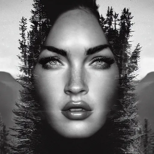 Prompt: double - exposure effect of megan fox face blended with beautiful mountains, in the style of dan mountford, amazing detail, black and white