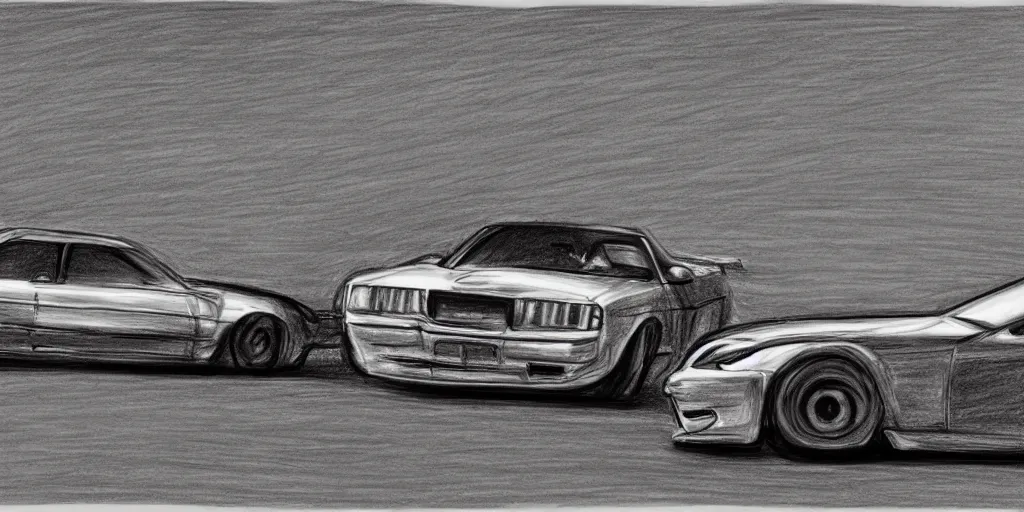 Image similar to a drawing of two cars drag racing in the middle of the night, realism, intense,