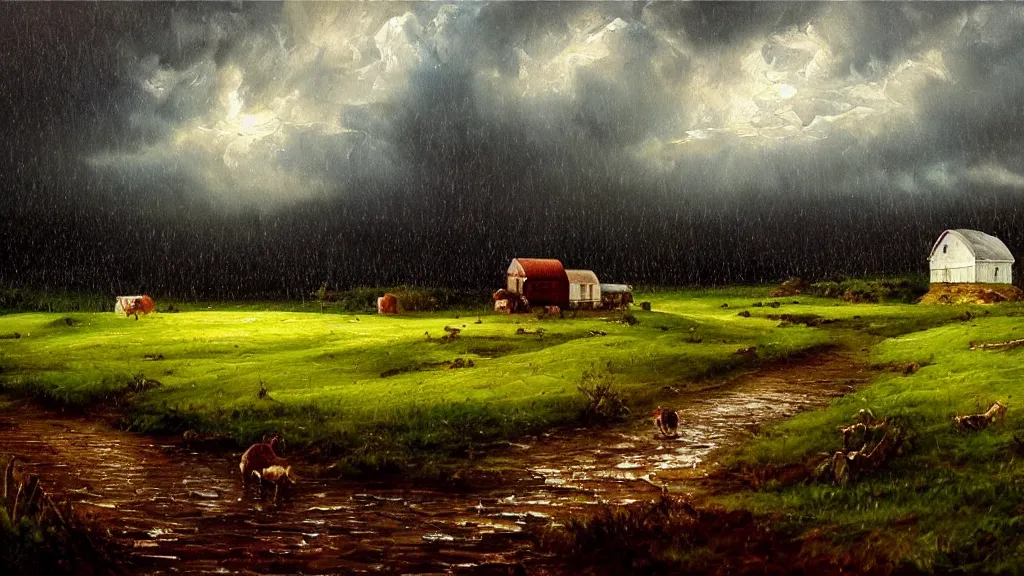 Image similar to the most beautiful landscape, oil painting, a farm, raining, at night, cinematic lighting, highly detailed, very realistic