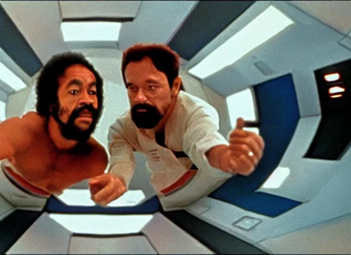 Prompt: film still of 2001 A Space Odyssey starring Cheech and Chong
