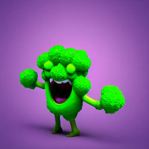 Prompt: a 3d render of a smiling happy broccoli, he is dancing, vivid bright colors
