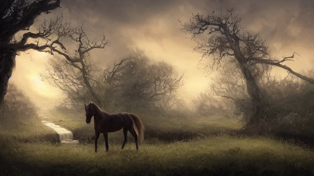 Prompt: over old trees wreathed with rotten vines fly evening crows, under a small bridge near a cottage a stream flows, on ancient road in the west wind a lean horse goes, sunset, by charlie bowater, by greg rutkowski