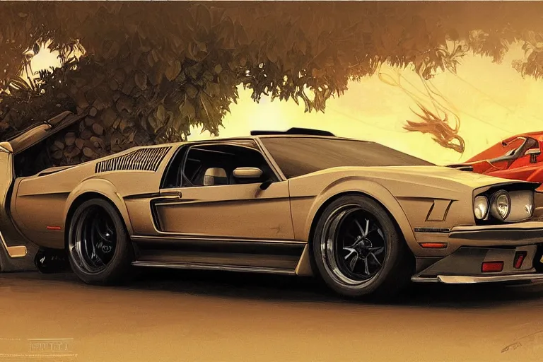 Image similar to luxury antique ford mustang + countach, highly detailed, digital painting, artstation, concept art, sharp focus, illustration, art by artgerm and greg rutkowski and alphonse mucha