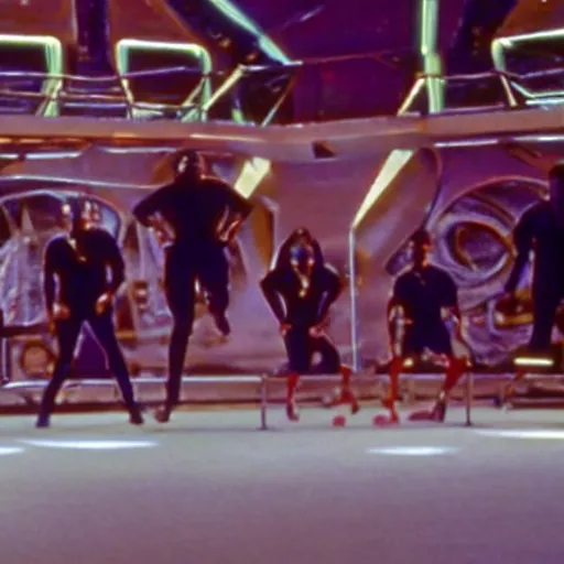 Image similar to film still of 'Future Force 2050' (1995). Scene where the spaceship crew compete in a break dancing contest.