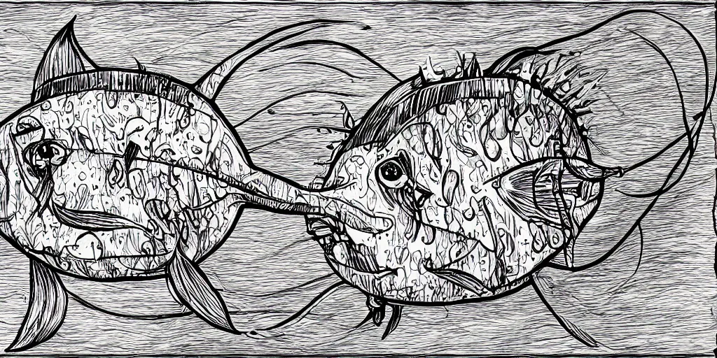 Image similar to illustration of an angler fish, lantern fish, deep sea, stylized linework, ornamentation, artistic, muted color wash