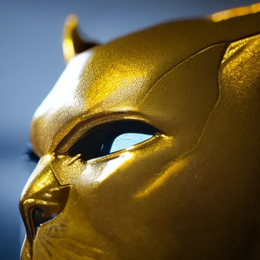 Prompt: a close up photo of a detailed golden statue of Black Panther, 8K,