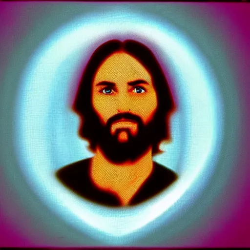 Prompt: Jesus Christ on TV, VHS, white noise, inspired by Tron, computer graphics