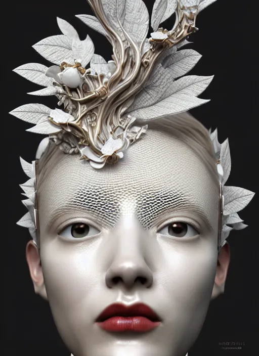 Image similar to complex 3d render ultra detailed of a beautiful porcelain profile woman face, mechanical cyborg, 150 mm, silver gold details, beautiful natural soft light, rim light, magnolia big leaves and stems, roots, fine foliage lace, mesh wire, intricate details, hyperrealistic, mandelbrot fractal, anatomical, red lips, Alexander McQueen haute couture, white metal armor, facial muscles, cable wires, microchip, elegant, octane render, H.R. Giger style, 8k