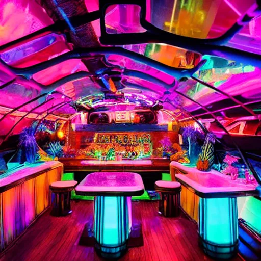 Prompt: architectural digest photo, inside dark and moody crowded futuristic neon tiki bar inside a yacht, many large tropical plants, open dance floor and dj booth, blue lighting with small pastel orange and pink accent lights, crowd of cool people dancing
