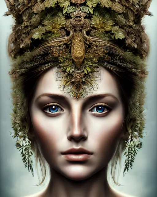 Prompt: portrait of a beautiful goddess of nature, enigmatic beauty, esoteric, nature aesthetics, head in focus, intricate, elegant, highly detailed, artstation, artistic, concept art, painterly, hasselbrad photography, sharp focus, art style by hans jokem bakker