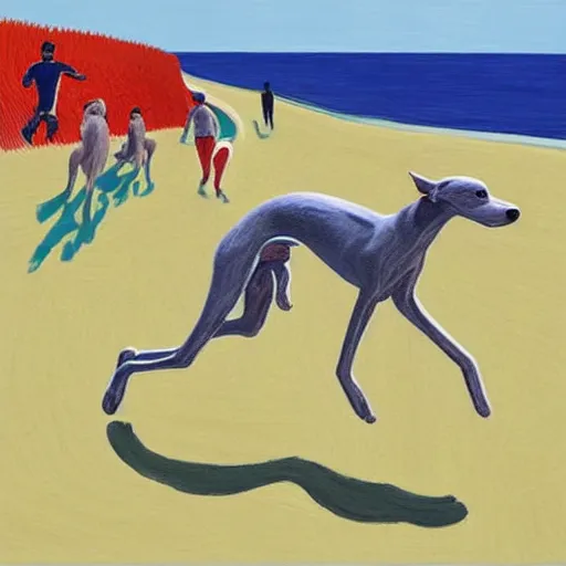 Prompt: close-up of a whippet running at beach, painting by david hockney, highly detailed