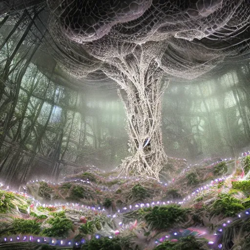 Image similar to biocomputer heart organ intertwined with white biocomputer flowers and biomechanical flowers in a cave robotic forest, intricate environment, matte painting, diffused lighting, highly detailed cinematic, atmosphere, diffused lighting, highly detailed digital art, trending on artstation, depth of field, wide angle