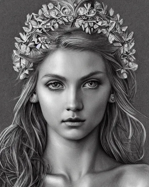 Prompt: pencil drawing of a beautiful greek goddess aphrodite wearing a laurel wreath and arrowhead earrings, beautiful confident and piercing eyes, beautiful blonde hair, hyper realistic face, in the style of greg rutkowski, fantasy, amazing detail, epic, elegant, smooth, sharp focus, from the front